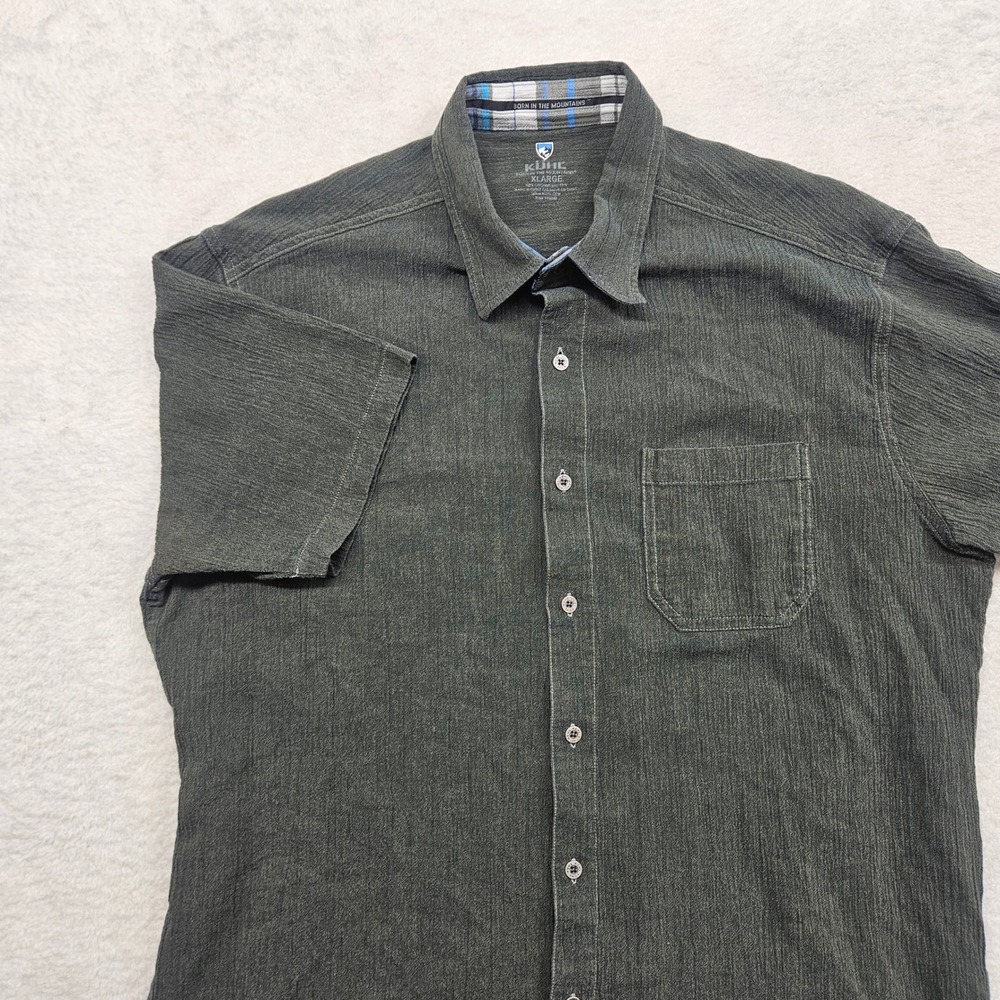 Kuhl Mens XL Short Sleeve Button Up Shirt Organic Cotton Green Textured Pocket